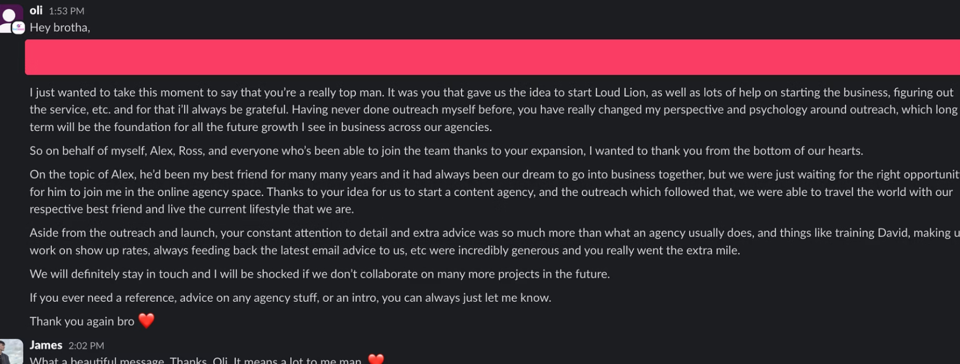 Oli's full message to James